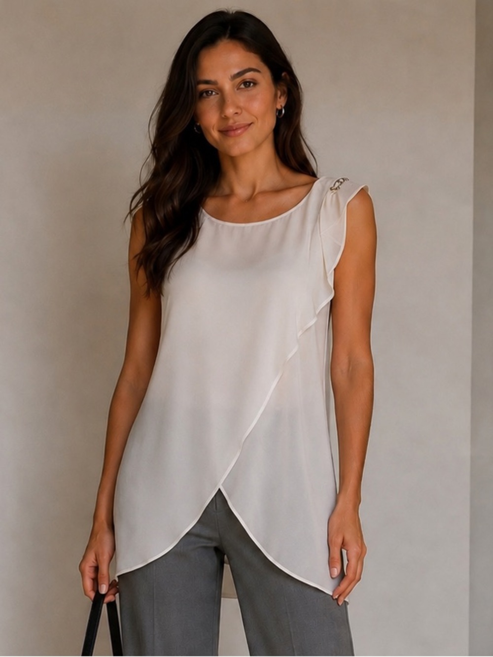 Jennifer Lopez Ivory Sleeveless Draped Wrap Top Asymmetrical Crossed color Perl